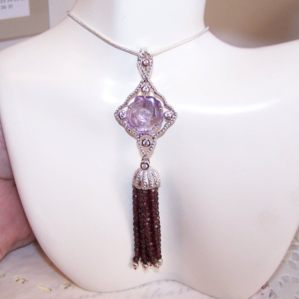 Art Deco Revival Sterling Silver Amethyst Flower Garnet Bead Tassel Pendant